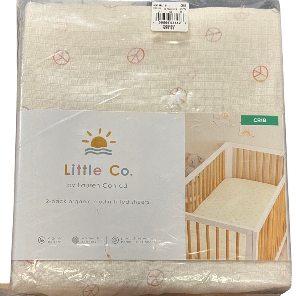 LC Little Co. Baby 2 Organic Muslin Fitted Crib Sheets Peace Sign 28" by 52" NEW